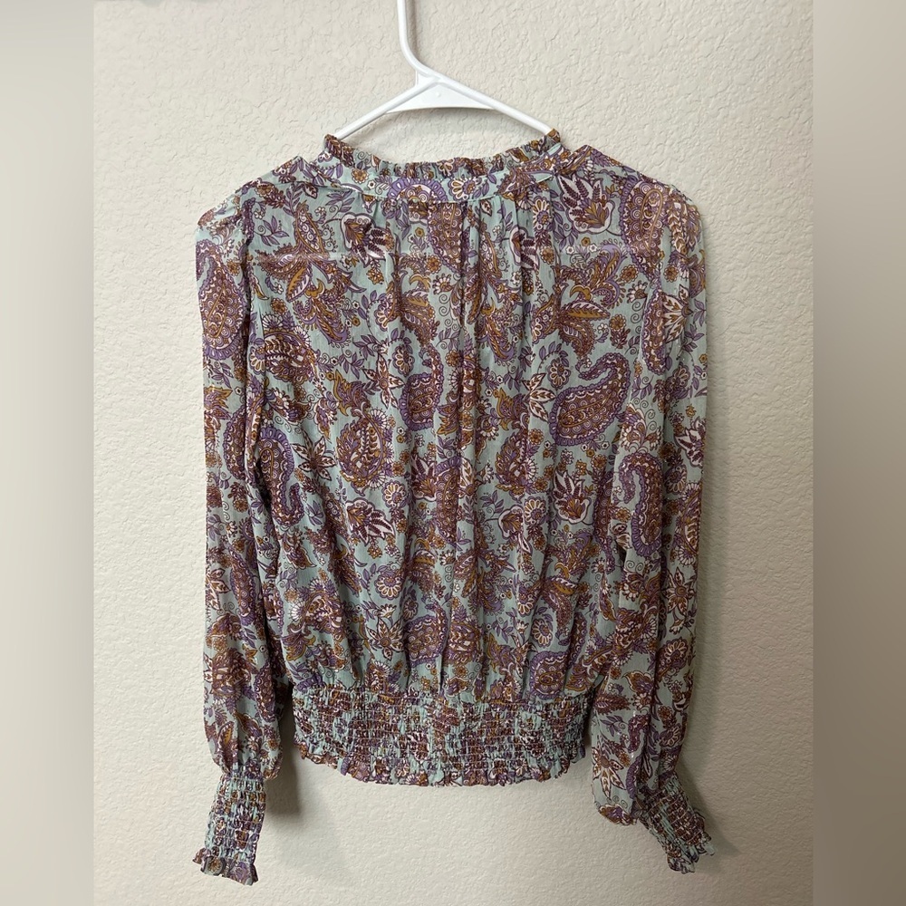 Rachel Zoe Paisley Boho Blouse Smocked Waist Long Sleeve Size Small - Picture 6 of 6